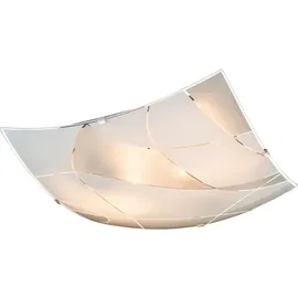 GLOBO Glas Deckenleuchte Deckenlampe E27 Fassung 2 Flammig Deckenlampe Weiss eckig, Chrom satiniert, Dekorlinien, 2x E27, LxBxH 30x30x8,5 cm