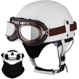 Deutsche Leder Motorrad Halbhelme mit ECE, Vintage Helme mit Schutzbrille, Jethelm Retro, Chopper Helm, Scooter-Helm, Fahrradhelm, mit Sonnenblende und Herausnehmbares Innenfutter