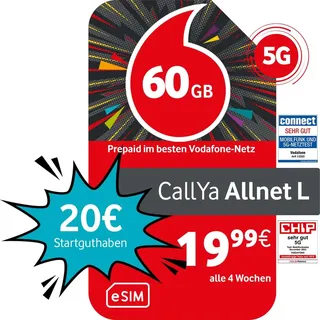 Vodafone Prepaid CallYa Allnet L eSIM | 60 GB | 20 EUR Startguthaben | 5 GB gratis im Roaming-Special | ohne Vertrag | 5G-Netz | Telefon- SMS-Flat | EU-Roaming