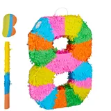 Relaxdays Pinata Zahl 8, Regenbogenpinata Geburtstag, HBT: 50,5 x 35,5 x 7,5 cm, Partypinata Kinder, zum Befüllen, bunt