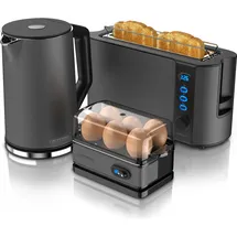 Arendo Frühstücks Set in Grau - Wasserkocher / Langschlitz Toaster / Eierkocher