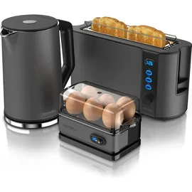 Arendo Frühstücks Set in Grau - Wasserkocher / Langschlitz Toaster / Eierkocher