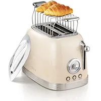 Wiltal Toaster 2 Scheiben, Retro, mit Brötchenaufsatz, mit Deckel aus Edelstahl, Vorheiz-, Auftau- und Abbruchfunktion, Countdown-Timer-Anzeige, Schnell-Toaster(Cremeweiß)