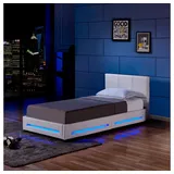 Home Deluxe - LED Bett Asteroid - Weiß, 90 x 200 cm - Inkl. Matratze und Lattenrost I Polsterbett Design Bett inkl. Beleuchtung - Weiß