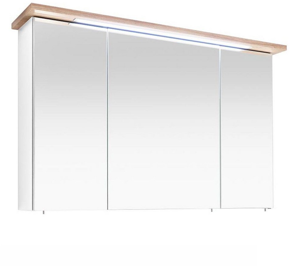 Lomadox Spiegelschrank MALANJE-66 weiß Glanz / Riviera Eiche quer Nb. inkl. LED - 115/72/20cm beige|braun|weiß