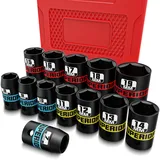 KIRXST 13tlg Schlagschrauber Nüsse Set, 3/8" Steckschlüsselsatz 7-19mm, Metrischer kurzer Stecknuss Satz für Elektrische Schlagschrauber und Auto Reifenwechsel