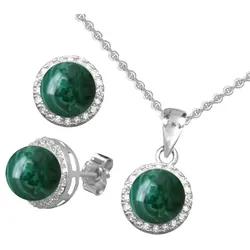 Schmuckset FIRETTI "Multipack Schmuck Geschenk Silber 925 Halskette Ohrstecker Edelstein", bunt (silberfarben, grün, weiß, weiß, grün), Schmuck-Sets, Damen, Silber 925 (Sterlingsilber), mit Zirkonia und Malachit, kreisrund