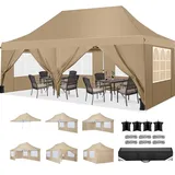 TOOLUCK Faltpavillon 3X6, Pavillon 3x6m Wasserdicht Stabil Winterfest, Faltbar Partyzelt mit 6 Seitenwänden & 4 Sandsack Pop up Gartenpavillon Anti-UV für Hochzeiten, Freien, Khaki