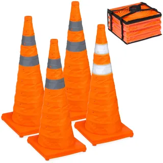 Relaxdays Pylonen, 4er Set, faltbar, Reflektor-Streifen, Leitkegel mit Tasche, HxBxT: 70 x 29 x 29 cm, Faltkegel, orange