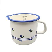 Linoows Emaille Milchtopf mit Skala, Messbecher, Schnabeltopf, Creme Blümchen
