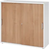 bümö Schiebetürenschrank 3OH - Aktenschrank abschließbar, Sideboard Schrank mit Schiebetüren in Weiß/Nussbaum, Chromgriff - Büroschrank aus Holz mit