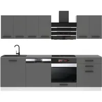 Belini Küchenzeile Küchenblock Susan - Küchenmöbel 240 cm Einbauküche Vollausstattung ohne Elektrogeräten mit Hängeschränke und Unterschränke, ohne Arbeitsplatten, Silber matt