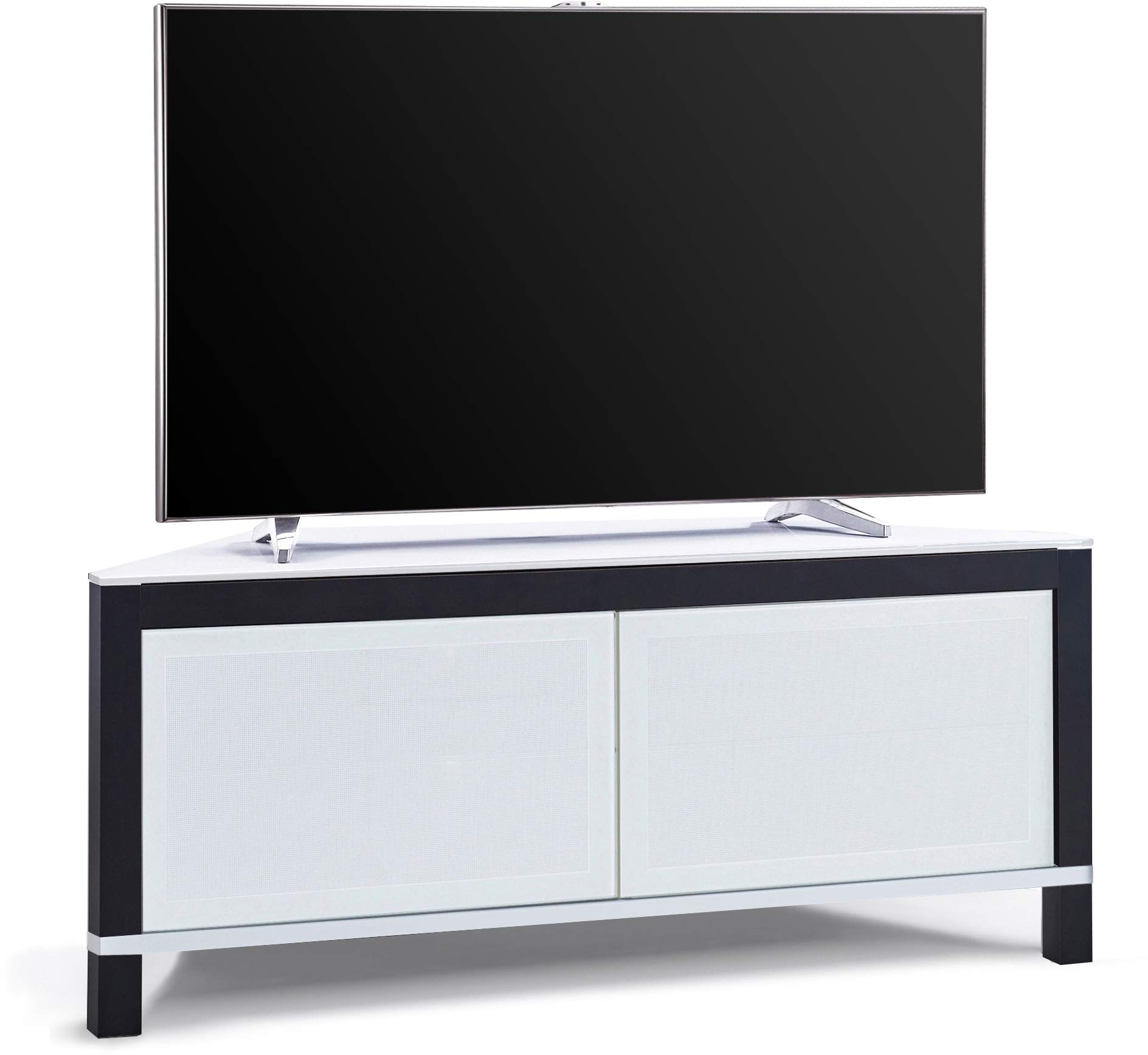 MDA Designs Volans Ferngesteuerter TV-Eckschrank mit 2 Türen, Tru-Corner Glas, bar, Weiß/Schwarz