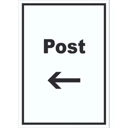 Post Schild mit Text und Richtungspfeil links Annahme Brief Paket hochkant A6 (105x148mm)