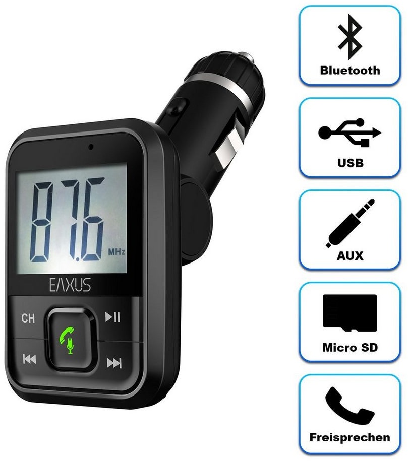 EAXUS Bluetooth FM-Transmitter für Wiedergabe Smartphone -> Autoradio, KFZ-Transmitter Bluetooth, USB-Sticks, 3,5-mm-Klinke, microSD, Mit Freisprechfunktion und USB-Anschluss zum Laden schwarz