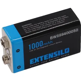 EXTENSILO 9V-Akku Block für diverse Geräte (1000mAh, 9V, Li-Ion), ready-to-use, mit Micro USB Buchse
