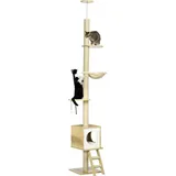 Kratzbaum Deckenhoch 240-260 Cm, Mit Katzenhaus & Hängematte, Hellbraun+Beige