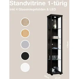 K-Möbel Glasvitrine Schwarz Glas, 4 höhenverstellbaren Glasböden - LED - Vitrinenschrank - Sammlervitrine - Schwarz