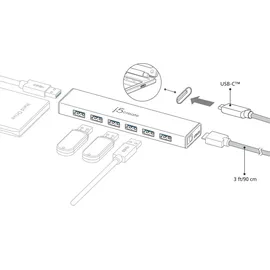 j5create JCH377, - HUB - USB Type-C - 7- x USB 3.2 Gen 1 (3.1 Gen 1) Type-A, 5000 Mbit/s, Silber, Aluminium, 0,6 m Silber