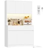 Homfa Küchenbuffet Küchenschrank mit LED Buffetschrank mit Steckdosen Hochschrank mit Arbeitsplatte, 6 Türen und Schubladen weiß
