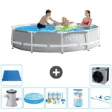 Intex Round Prism Frame Swimming Pool – 305 x 76 cm – Grau – inklusive Pumpe Sonnensegel - Wartungspaket - Filter - Reinigungskit - Bodenflie...