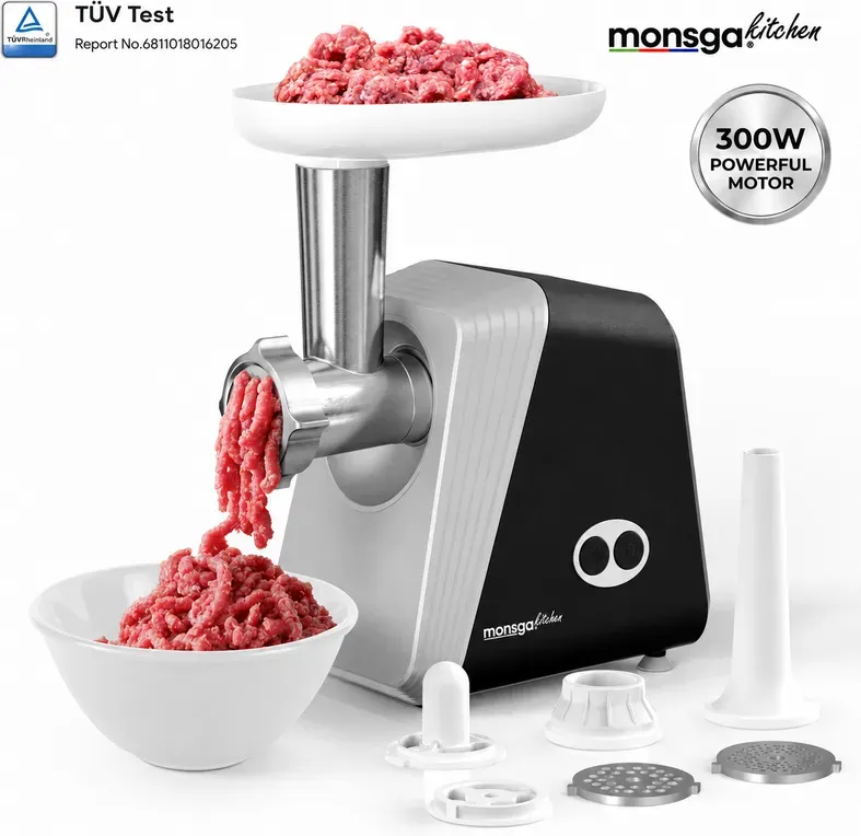 MONSGA G100 Multifunktions-Fleischwolf, 300 W elektrischer Mincer mit 1200 W Maximalleistung, Rücklauffunktion & Kabelaufbewahrung, inkl. 3 Schneidscheiben, Wurstfüller, Kibbeh- & Keksform für die heimische Küche