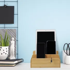 Relaxdays Ladestation Bambus, für mehrere Geräte, Tablet & Smartphone, Kabelbox Organizer, HxBxT: 10 x 22,5 x 15, natur