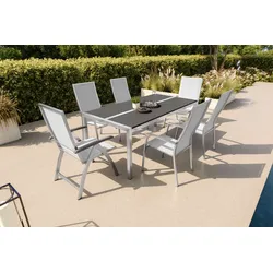 STERN Cardiff Gartenessgruppe, Silber, Edelstahl/Keramik/Textilene, Tisch 200 x 100 cm, 4 Stapelstühle, 2 Klappstühle, korrosionsbeständig