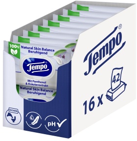 Tempo Natural Skin Balance - Beruhigend feuchte Toilettentücher, Feuchttücher mit Panthenol und Kräuterextrakten für besonders empfindliche Haut, 1 Karton = 16 Packungen à 42 Tücher