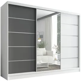 mebloland Schwebetürenschrank, 3-türig Schrank 200 cm mit Spiegel AURELIA 1 ( Weiß | Graphit | Weiß) - Weiß/Grau