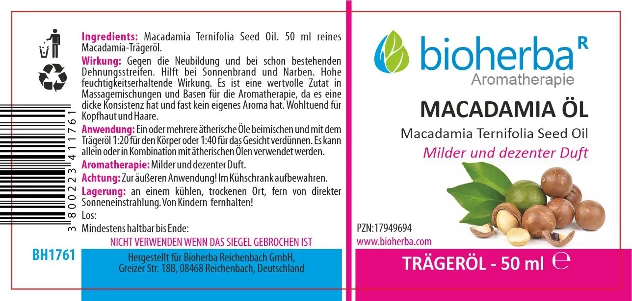 Macadamia Öl Reines Macadamia-Trägeröl 50 ml