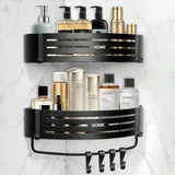 Carehabi Duschablage Ohne Bohren, 2 Stück Selbstklebend Eckregal Badezimmer Organizer mit 8 Haken, Schwarz Duschablage Duschkorb für Bad Küche