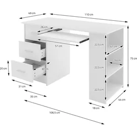 ML-Design Schreibtisch mit 3 Schubladen, 3 Regale Tastaturauszug, 110x49x75 cm, Weiß, Stauraum, 3 Ablageflächen - Weiß