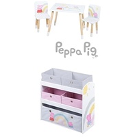 roba Bundle Kindersitzgruppe Peppa Pig - 2 Kinderstühle & 1 Tisch Holz weiß + Spielregal aus Holz Peppa Pig - Spielzeugregal mit 5 Boxen