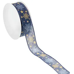 Stoffband "Schneeflocken", blau-gold, 25 mm, 5 m