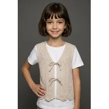 KIDS ONLY "KOGNOLA LIFE SL TOP KNT", Mädchen, Gr. 158/164, beige (oatmeal), Strick, Obermaterial: 70% Baumwolle, 30% Polyester, unifarben, normal normal, tiefer V-Ausschnitt, Strickjacken Ajourstrickjacke, ärmellos, Ajourmuster