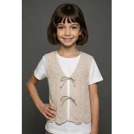 KIDS ONLY "KOGNOLA LIFE SL TOP KNT", Mädchen, Gr. 158/164, beige (oatmeal), Strick, Obermaterial: 70% Baumwolle, 30% Polyester, unifarben, normal normal, tiefer V-Ausschnitt, Strickjacken Ajourstrickjacke, ärmellos, Ajourmuster