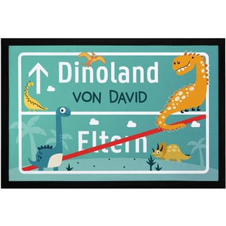 SpecialMe® Fußmatte Kinderzimmer personalisiert Dino-Land von Wunschname Türvorleger Kind rutschfest & waschbar weiß 60x40cm