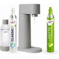 Sparpaket: Mysoda Woody - Wassersprudler aus erneuerbarem Holzkomposit mit 1L BPA-freier Plastikflasche, CO2-Zylinder Classic + CO2-Zylinder Limette (Grau)