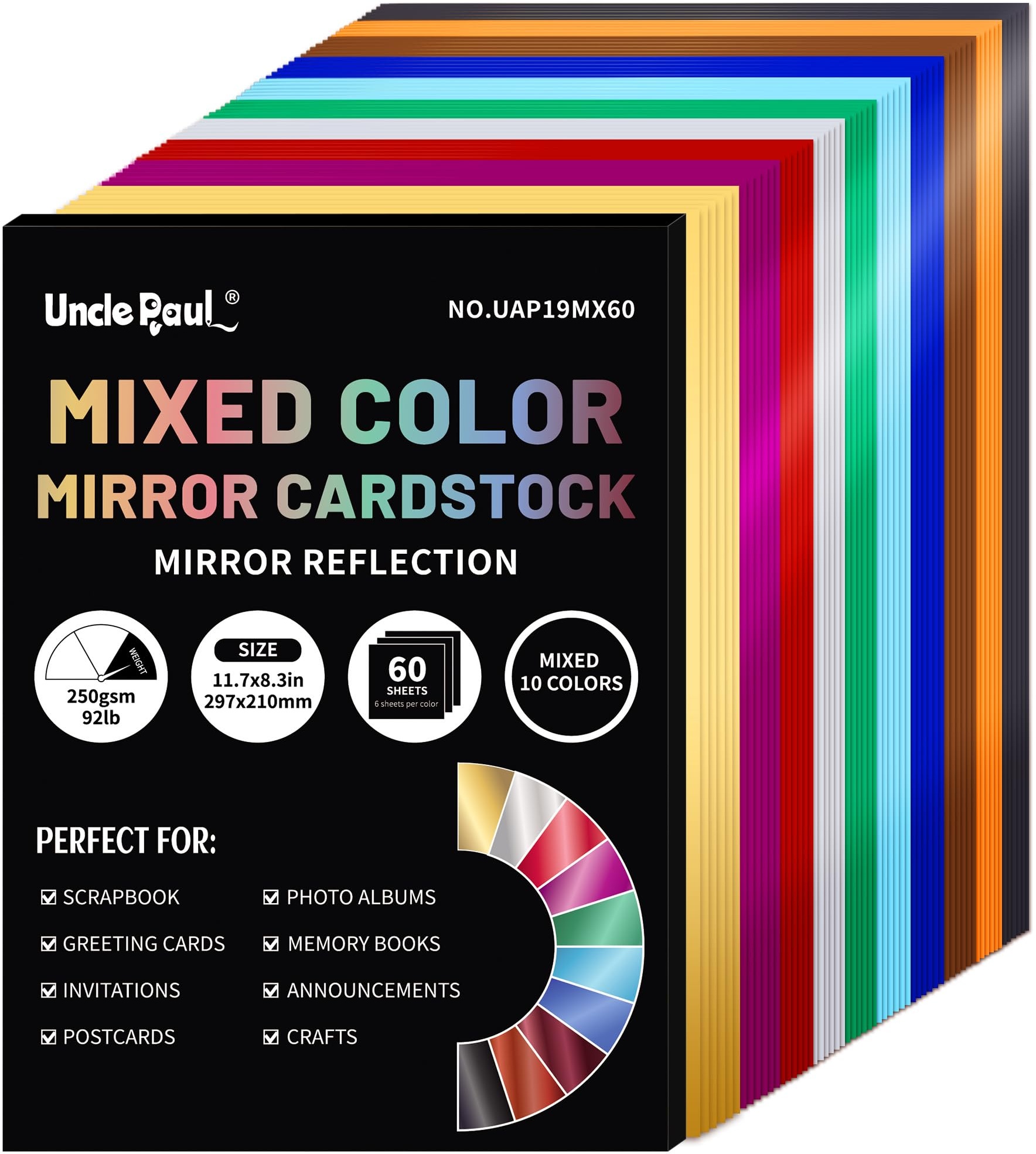 A4 Mixed Color Mirror Cardstock Paper, 60 Blatt 10 Colors 250gsm/92Ib Metallic Reflektierendes Papier für Handwerk DIY Projekte Kartenherstellung UAP19MX60