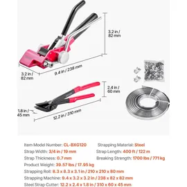 Vevor 4 tlg Stahlband Umreifungsset, manuelle Umreifungsgerät mit 122 m Metallband, 400 Metallklammern und Schneider, pefekte Werkstattausstattung für industrielle Verpackung, Transport und Lager