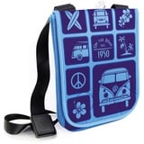 BRISA VW Collection - Volkswagen Kleine Neopren Schulter-Kultur-Umhänge-Tasche in Hochformat im T1 Bulli Bus Design (Surf/Blau)