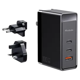 Mcdodo GaN CH-8101 Pro universelles UK/US/EU-Reiseladegerät/Adapter, 100 W, 2 x Usb-C USB-A Schwarz