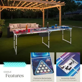 Tectake tectake® Bierpongtisch, aus Aluminium, mit Eisfach, Becherlöchern, LED-Beleuchtung, bodenschonende Kunststofffüße, inklusive 100 Bechern, 6 Bällen und Kartentrinkspiel