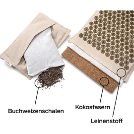 SCHNÜRRLIE Akupressurmatte 70x45cm mit Kissen und Tasche - nachhaltiges Akupunkturmatte Set aus Leinenstoff und Kokosfasern