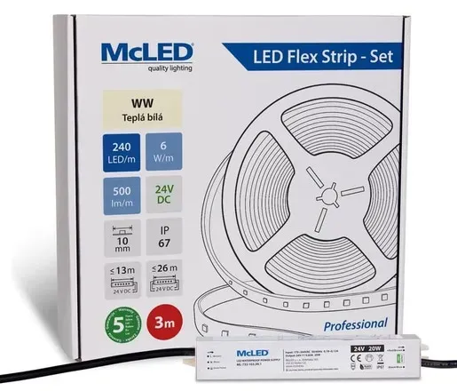 McLED LED-Band - Satz 3 m, 240 LED/m, WW, 6 W/m, DC 24V, 500 lm/m, CRI90, IP67, 10 mm, Konduktor 3 m ML-126.034.90.S03001