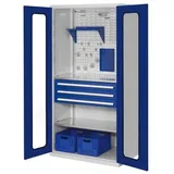 Werkstattschrank,HxBxT 1950x1000x600mm,2xStahlboden,3 Schublade(n),Zyl.-Schl.,Sockel,Korpus RAL7035,Front RAL5010