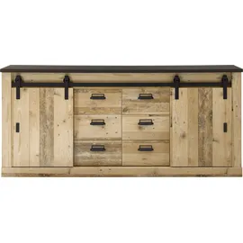 Home Affaire Sideboard HOME AFFAIRE "SHERWOOD", braun (old style hell dekor), B:201cm H:91cm T:43cm, Sideboards, Sideboard, modernes Holz Dekor, mit Scheunentorbeschlag aus Metall, Breite 201 cm