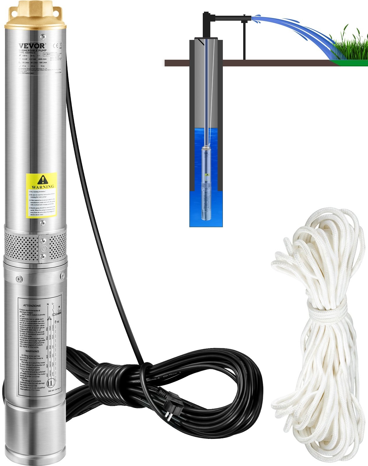 VEVOR 3" Tiefbrunnenpumpe 750W Brunnenpumpe 100L/min Tauchpumpe max. Förderhöhe 66m Rohrpumpe 230V 50Hz Sandpumpe IP68 Wasserpumpe 16 Laufradstufen Pumpe Ideal zur Bewässerung oder Wasser-Versorgung