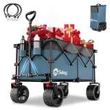 Sekey XXL Plus Bollerwagen Faltbar mit Bremsen 200L 150KG Belastbar, 17x10 cm Extra Breite Reifen All Terrain Bollerwagen, Patentiert Zusammenfaltbar aus Vier Richtungen, XXL-PlusB 4011, Blau-Grau